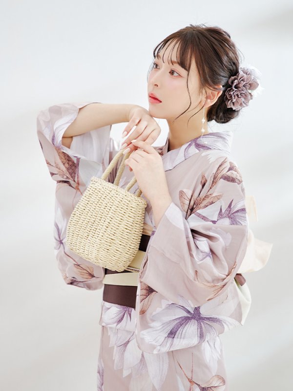 画像14: 【即日発送】【浴衣】ホワイトフラワーブラウン浴衣 【浴衣３点セット 浴衣/帯/下駄】[YMT]