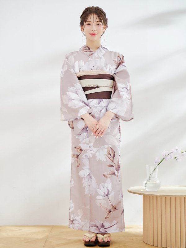 画像4: 【即日発送】【浴衣】ホワイトフラワーブラウン浴衣 【浴衣３点セット 浴衣/帯/下駄】[YMT]