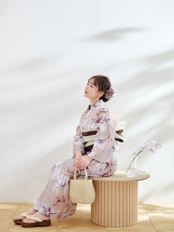 画像5: 【即日発送】【浴衣】ホワイトフラワーブラウン浴衣 【浴衣３点セット 浴衣/帯/下駄】[YMT]