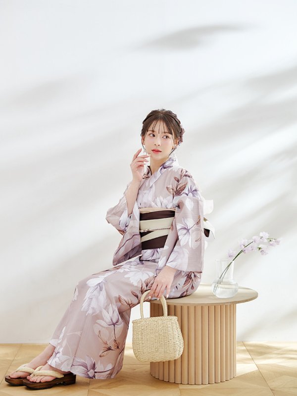 画像6: 【即日発送】【浴衣】ホワイトフラワーブラウン浴衣 【浴衣３点セット 浴衣/帯/下駄】[YMT]