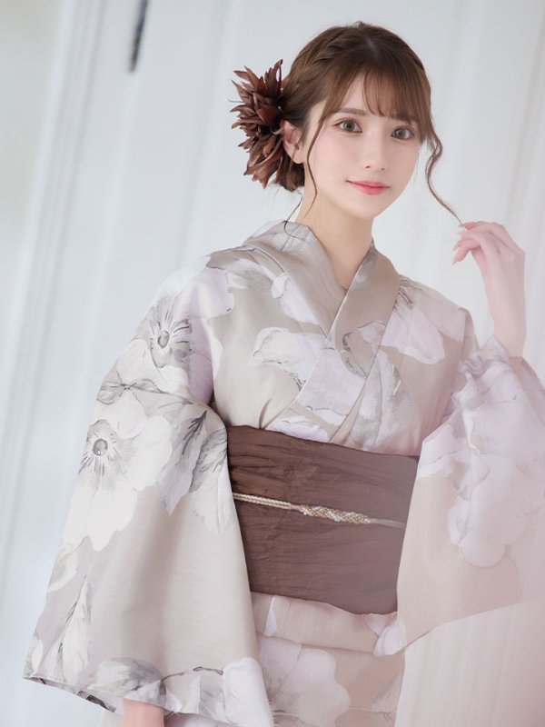 画像12: 【即日発送】【浴衣】ベージュ地にアネモネの大人花浴衣【浴衣３点セット 浴衣/帯/下駄】[ YMT ]