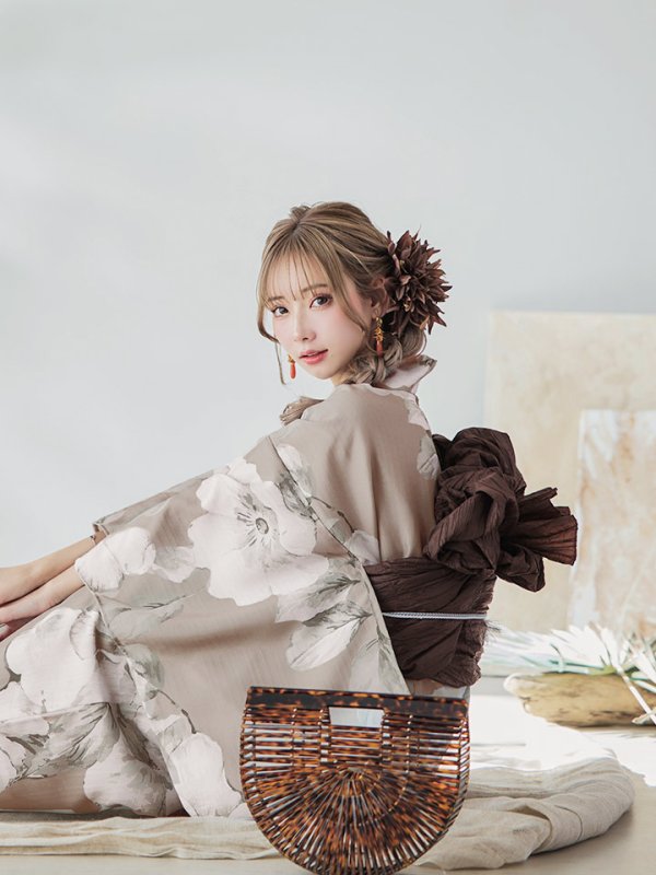 画像10: 【即日発送】【浴衣】ベージュ地にアネモネの大人花浴衣【浴衣３点セット 浴衣/帯/下駄】[YMT]