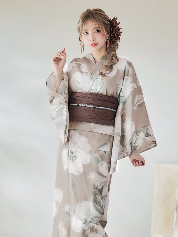 画像11: 【即日発送】【浴衣】ベージュ地にアネモネの大人花浴衣【浴衣３点セット 浴衣/帯/下駄】[YMT]