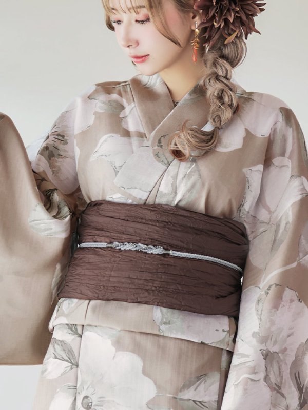 画像4: 【即日発送】【浴衣】ベージュ地にアネモネの大人花浴衣【浴衣３点セット 浴衣/帯/下駄】[YMT]