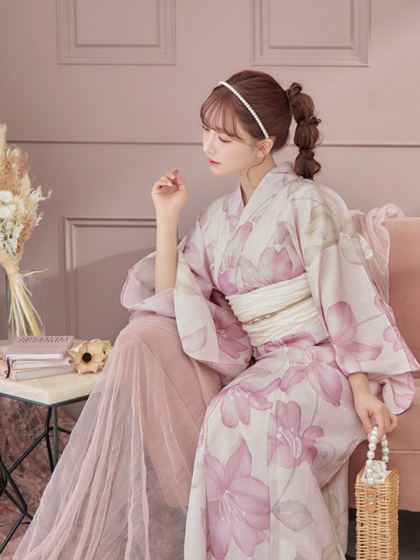 画像12: 【即日発送】大人スウィート/ピンク地x百合浴衣【浴衣３点セット 浴衣/帯/下駄】[FB02]