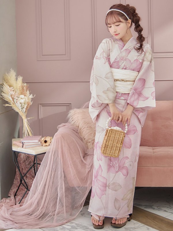 画像4: 【即日発送】大人スウィート/ピンク地x百合浴衣【浴衣３点セット 浴衣/帯/下駄】[FB02]