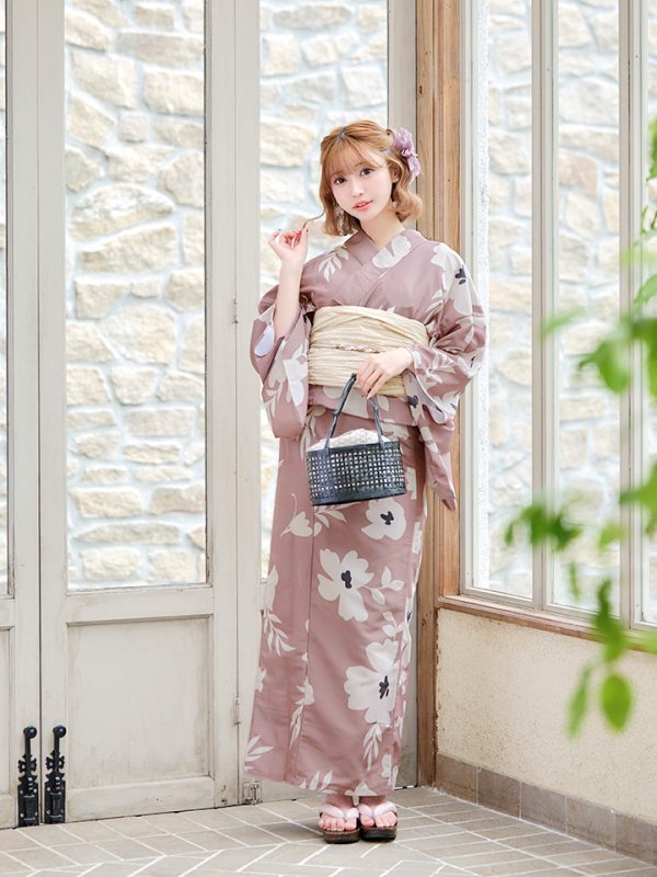 画像4: 【即日発送】【浴衣セール】 ブラウン地xシルエットフラワー 牡丹柄 【浴衣３点セット 浴衣/帯/下駄】[YMT]