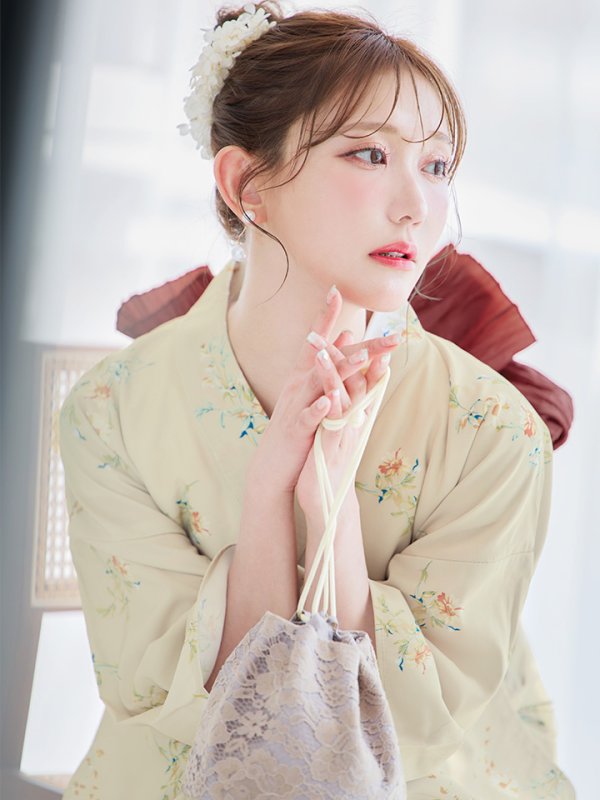 画像10: 【即日発送】【浴衣セール】ベージュ地x小花柄浴衣 【浴衣３点セット 浴衣/帯/下駄】[YMT]