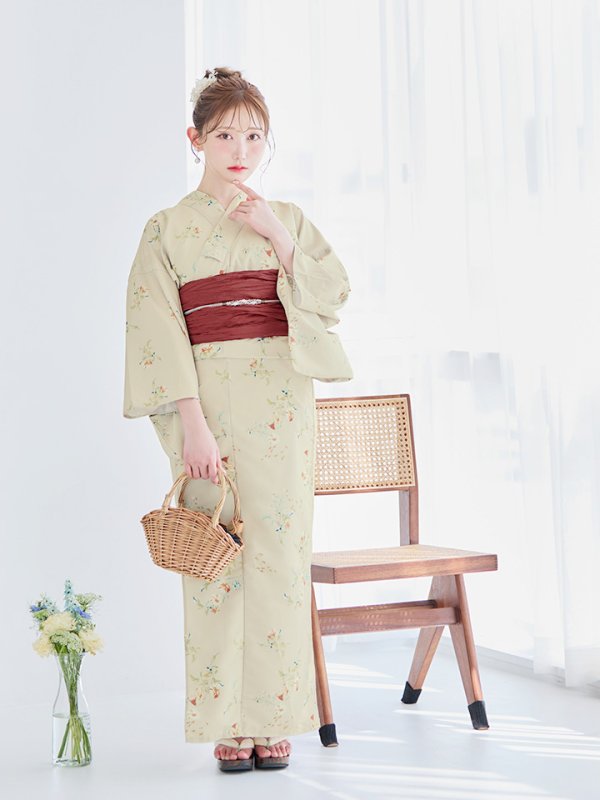 画像11: 【即日発送】【浴衣セール】ベージュ地x小花柄浴衣 【浴衣３点セット 浴衣/帯/下駄】[YMT]