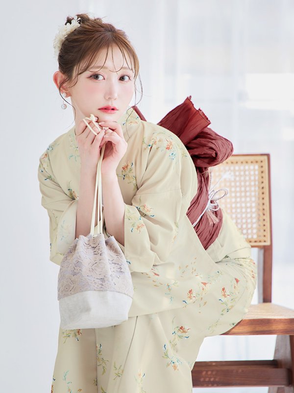 画像13: 【即日発送】【浴衣セール】ベージュ地x小花柄浴衣 【浴衣３点セット 浴衣/帯/下駄】[YMT]