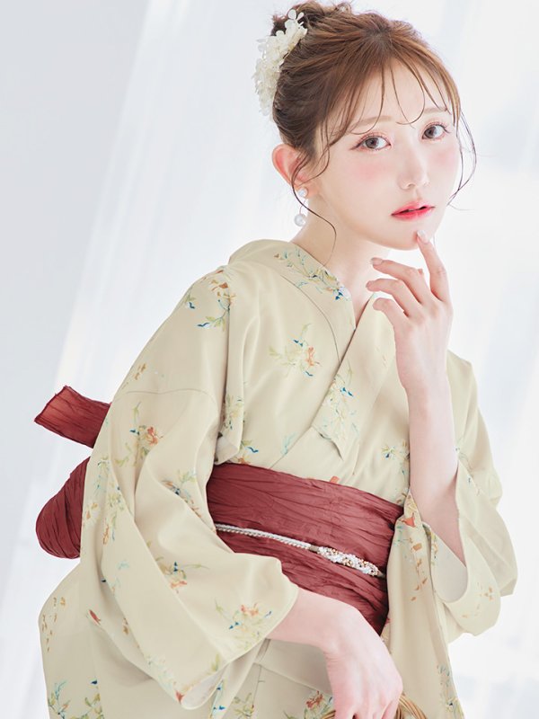 画像14: 【即日発送】【浴衣セール】ベージュ地x小花柄浴衣 【浴衣３点セット 浴衣/帯/下駄】[YMT]