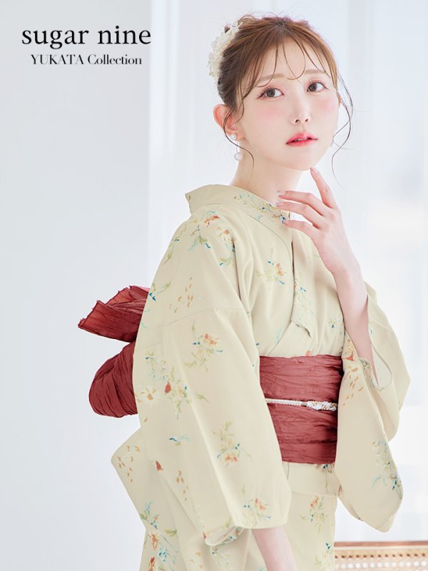 画像3: 【即日発送】【浴衣セール】ベージュ地x小花柄浴衣 【浴衣３点セット 浴衣/帯/下駄】[YMT]