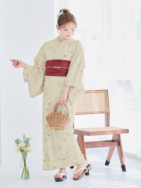 画像4: 【即日発送】【浴衣セール】ベージュ地x小花柄浴衣 【浴衣３点セット 浴衣/帯/下駄】[YMT]