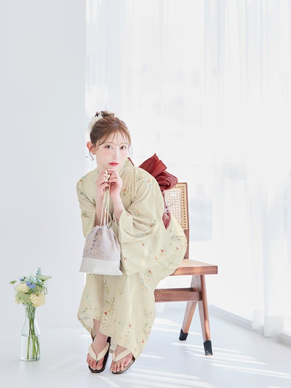 画像9: 【即日発送】【浴衣セール】ベージュ地x小花柄浴衣 【浴衣３点セット 浴衣/帯/下駄】[YMT]