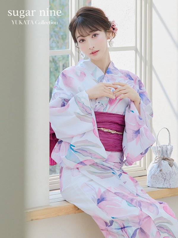 画像1: 大人スウィート/水彩フラワー 牡丹柄 浴衣 OBI-siwa-200-kj-7-RoseWI / HIMO-900-yn-8-PK / YA-68-kn-P / HEKO-800-sb-5-W / GETA-02-ok-5-P  [YMT]