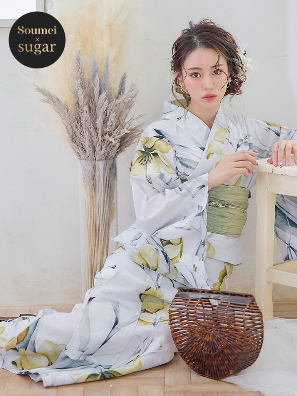画像1: 【即日発送】イエローフラワーと木蓮浴衣【浴衣３点セット 浴衣/帯/下駄】[YMT]