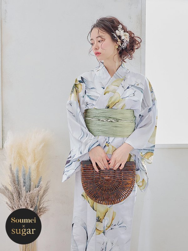 画像2: 【即日発送】イエローフラワーと木蓮浴衣【浴衣３点セット 浴衣/帯/下駄】[YMT]