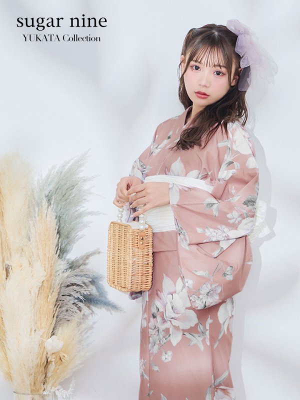画像2: 大人スウィート/くすみピンク椿浴衣 【浴衣３点セット 浴衣/帯/下駄】  OBI-siwa-200-kj-13-OW / HIMO-900-yn-8-PK / YA-954-kj-P/ HEKO-800-sb-5-W / GETA-02-ok-5-P [YMT]