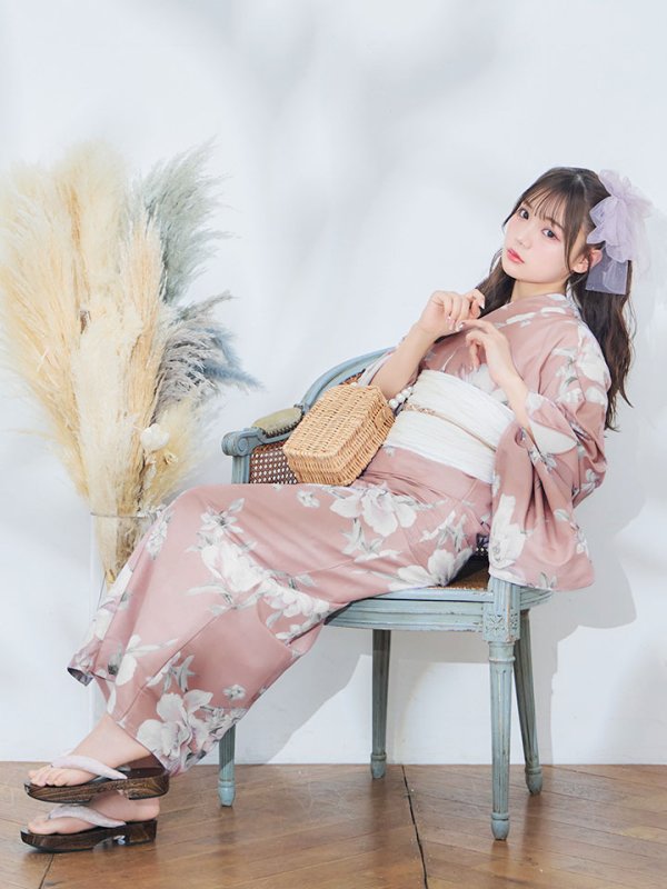 画像9: 【即日発送】大人スウィート/くすみピンク椿浴衣 【浴衣３点セット 浴衣/帯/下駄】[YMT]