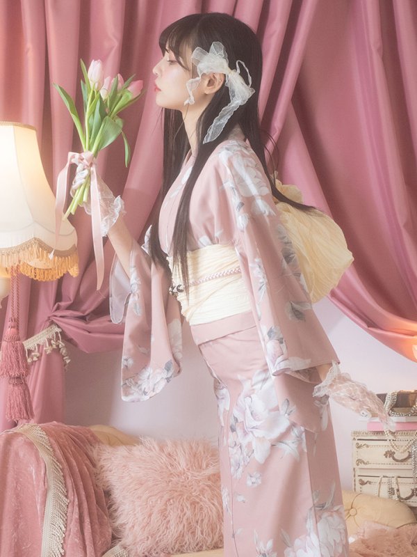 画像5: 【即日発送】大人スウィート/くすみピンク椿浴衣 【浴衣３点セット 浴衣/帯/下駄】[YMT]