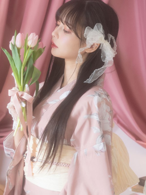 画像6: 【即日発送】大人スウィート/くすみピンク椿浴衣 【浴衣３点セット 浴衣/帯/下駄】[YMT]