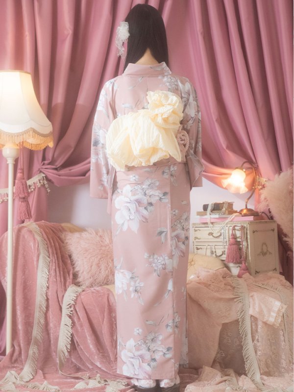 画像8: 【即日発送】大人スウィート/くすみピンク椿浴衣 【浴衣３点セット 浴衣/帯/下駄】[YMT]