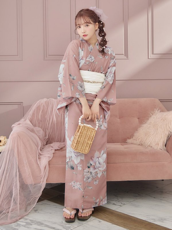 画像5: 【即日発送】大人スウィート/くすみピンク椿浴衣 【浴衣３点セット 浴衣/帯/下駄】[YMT]