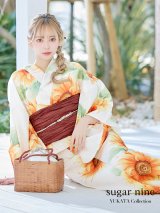 【即日発送】【浴衣】アイボリー×ひまわりストライプ柄浴衣 向日葵   OBI-siwa-200-kj-10-TRC / HIMO-900-yn-7-MOC / YA-68-kn-W / HEKO-800-sb-5-W / GETA-02-ok-2-IV [YMT]