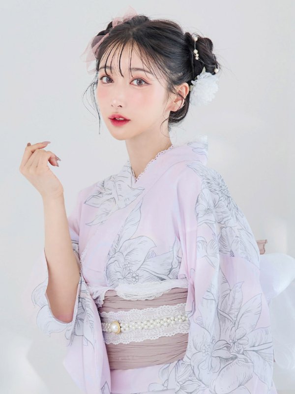 画像5: 【即日発送！】Riuコラボ ライトピンクx百合リボン浴衣【浴衣３点セット 浴衣/帯/下駄】[YMT]