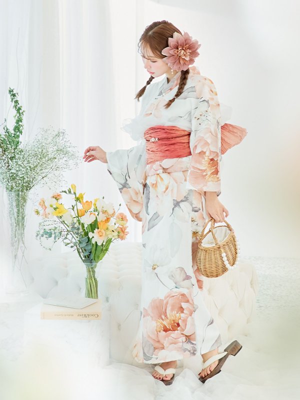 画像3: 【即日発送】アプリコットピンク牡丹浴衣【浴衣３点セット 浴衣/帯/下駄】[YMT]