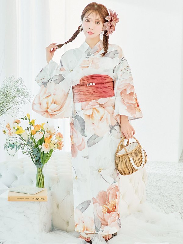 画像4: 【即日発送】アプリコットピンク牡丹浴衣【浴衣３点セット 浴衣/帯/下駄】[YMT]