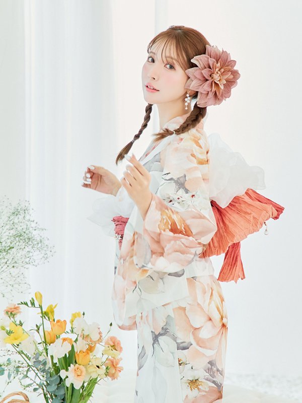 画像6: 【即日発送】アプリコットピンク牡丹浴衣【浴衣３点セット 浴衣/帯/下駄】[YMT]