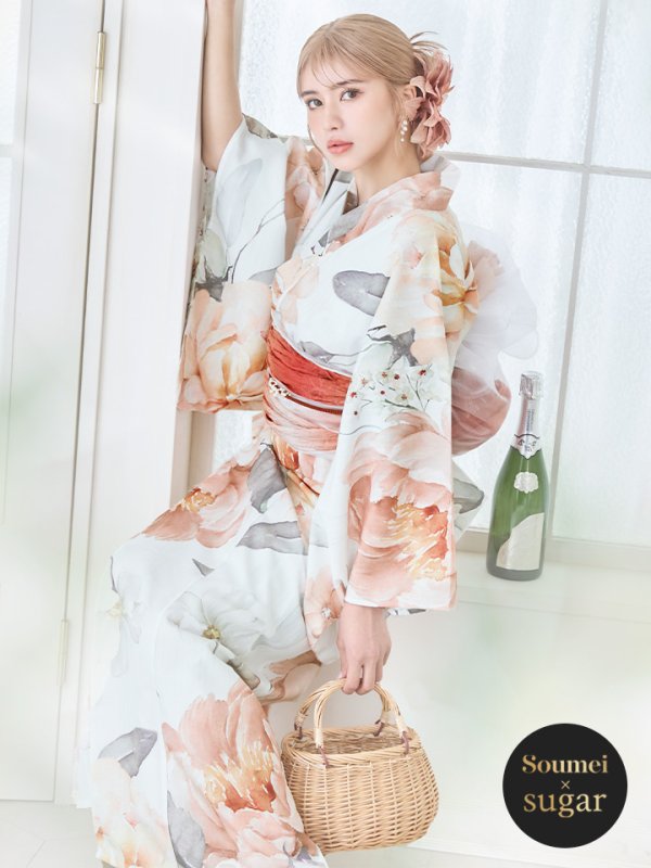 画像1: 【即日発送】アプリコットピンク牡丹浴衣 OBI-g-500-kj-4-OR / HIMO-902-kj-3-TRC / HEKO-800-sb-5-WH / YA-577-kj-P / GETA-01-kj-3-IV/  [YMT]