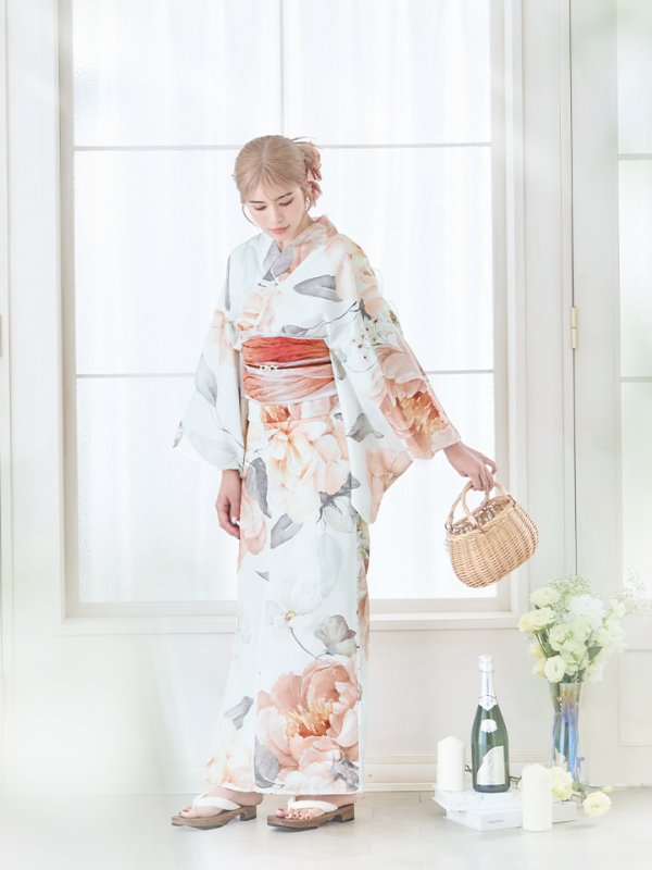 画像5: 【即日発送】アプリコットピンク牡丹浴衣【浴衣３点セット 浴衣/帯/下駄】[YMT]