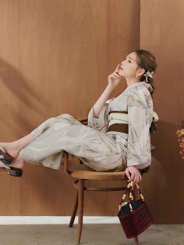 画像11: 【浴衣セール】【即日発送】ヘルシーリーフ柄ベージュ浴衣【浴衣３点セット 浴衣/帯/下駄】[YMT]