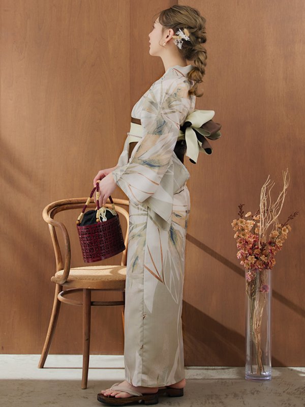 画像14: 【浴衣セール】【即日発送】ヘルシーリーフ柄ベージュ浴衣【浴衣３点セット 浴衣/帯/下駄】[YMT]