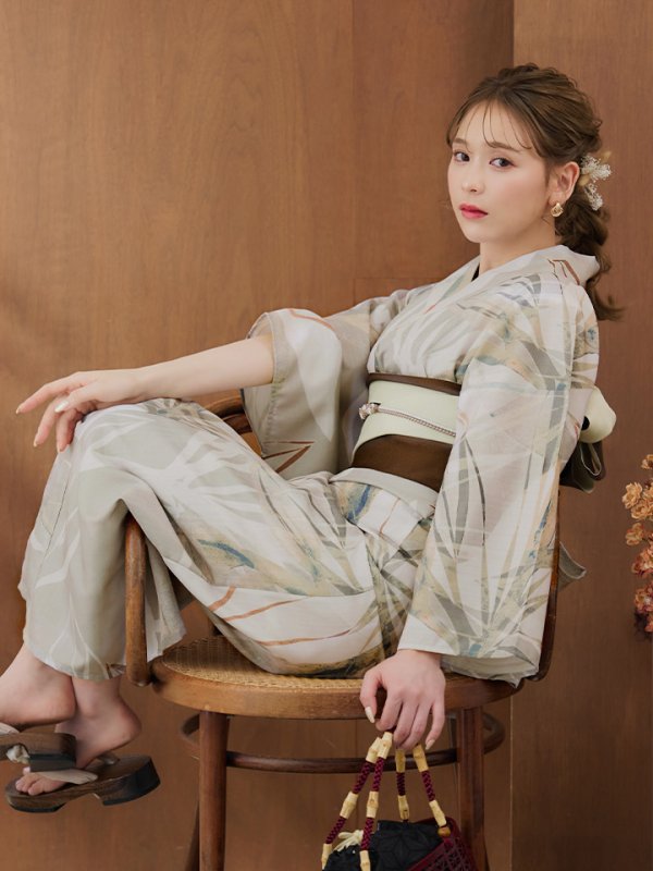 画像3: 【浴衣セール】【即日発送】ヘルシーリーフ柄ベージュ浴衣【浴衣３点セット 浴衣/帯/下駄】[YMT]