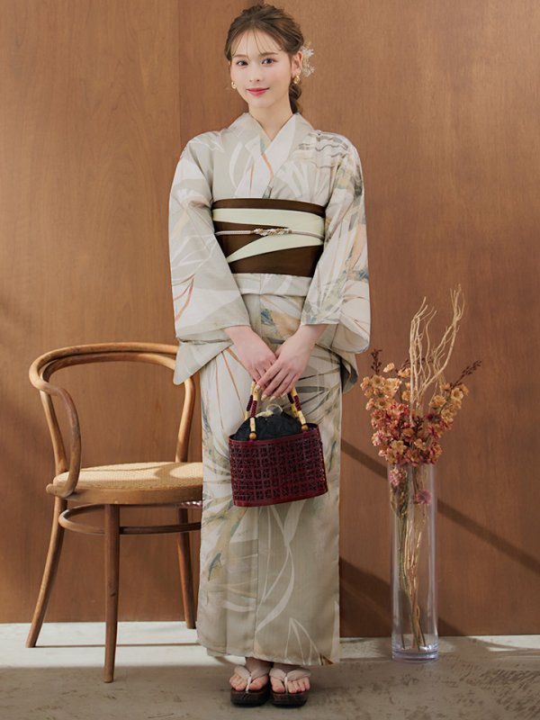 画像4: 【浴衣セール】【即日発送】ヘルシーリーフ柄ベージュ浴衣【浴衣３点セット 浴衣/帯/下駄】[YMT]