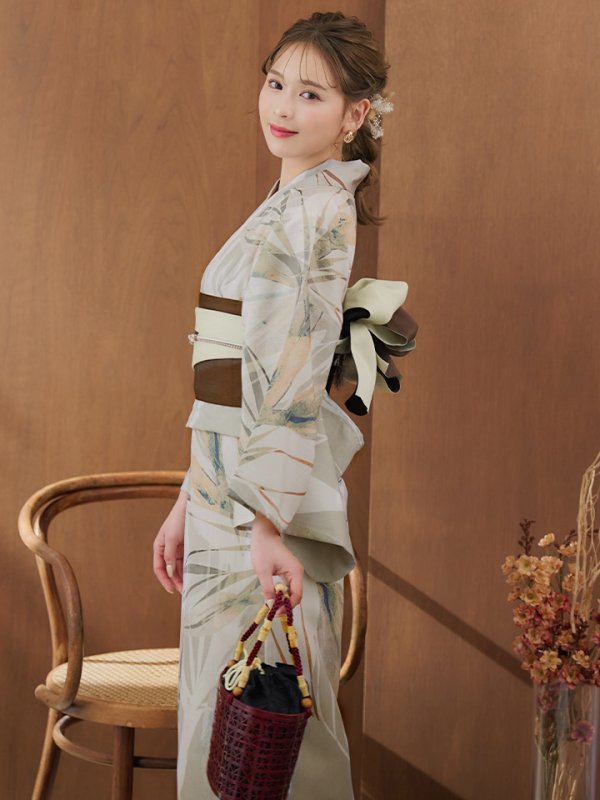 画像6: 【浴衣セール】【即日発送】ヘルシーリーフ柄ベージュ浴衣【浴衣３点セット 浴衣/帯/下駄】[YMT]