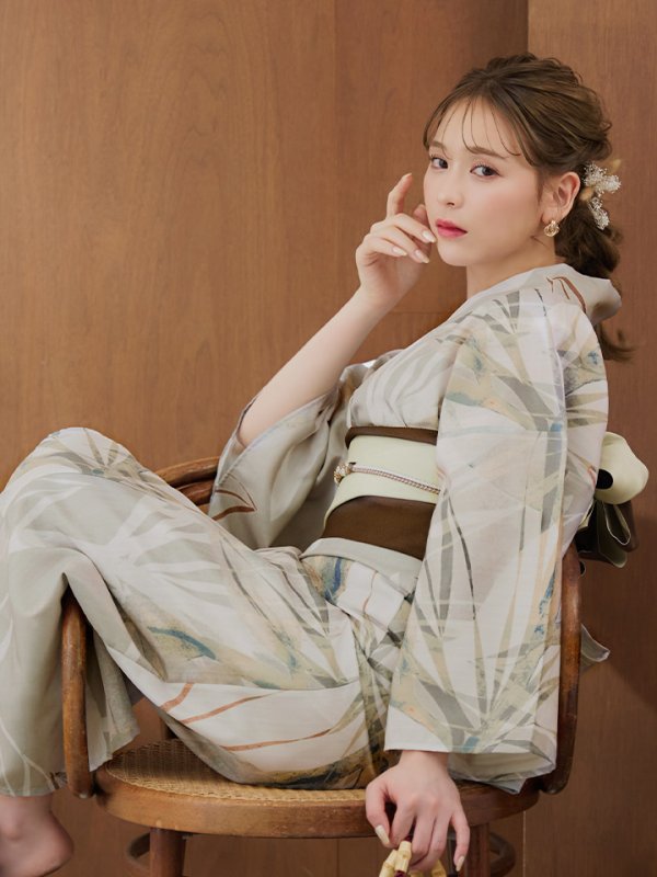 画像7: 【浴衣セール】【即日発送】ヘルシーリーフ柄ベージュ浴衣【浴衣３点セット 浴衣/帯/下駄】[YMT]