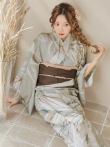 【浴衣セール】ヘルシーリーフ柄ベージュ浴衣 OBI-hira-100-ok-2-BRxBE / HIMO-900-yn-7-MOC / HEKO-800-sb-3-BR / YA-1081-kj-P / YA-1081-kj-BR / GETA-01-kj-5-MOC/  [YMT]