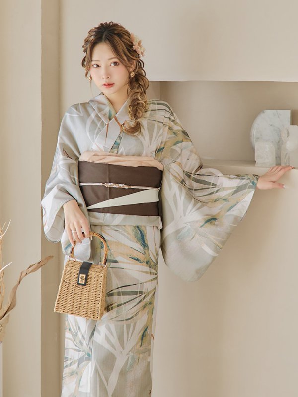 画像10: 【即日発送】【浴衣セール】ヘルシーリーフ柄ベージュ浴衣【浴衣３点セット 浴衣/帯/下駄】[YMT]