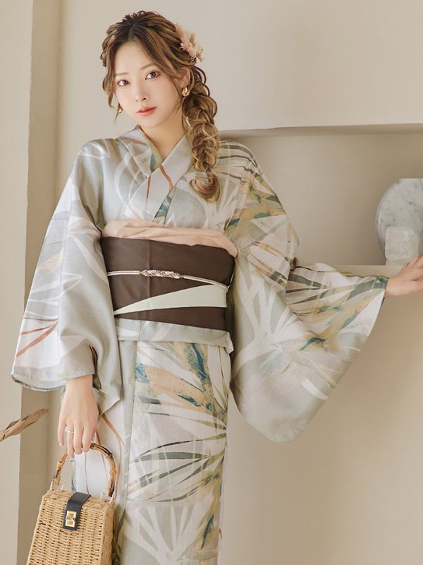 画像12: 【即日発送】【浴衣セール】ヘルシーリーフ柄ベージュ浴衣【浴衣３点セット 浴衣/帯/下駄】[YMT]