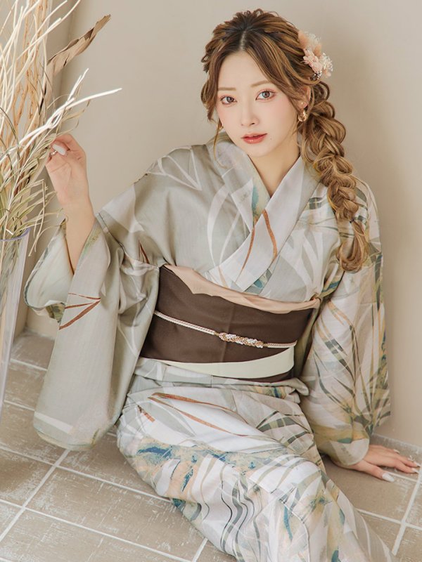 画像15: 【即日発送】【浴衣セール】ヘルシーリーフ柄ベージュ浴衣【浴衣３点セット 浴衣/帯/下駄】[YMT]