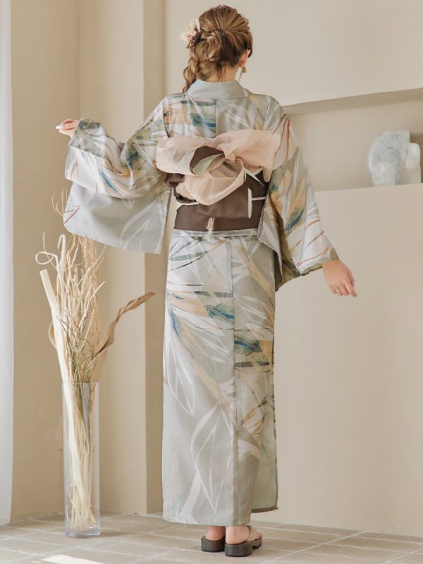 画像18: 【即日発送】【浴衣セール】ヘルシーリーフ柄ベージュ浴衣【浴衣３点セット 浴衣/帯/下駄】[YMT]