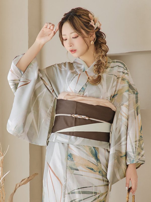 画像19: 【即日発送】【浴衣セール】ヘルシーリーフ柄ベージュ浴衣【浴衣３点セット 浴衣/帯/下駄】[YMT]