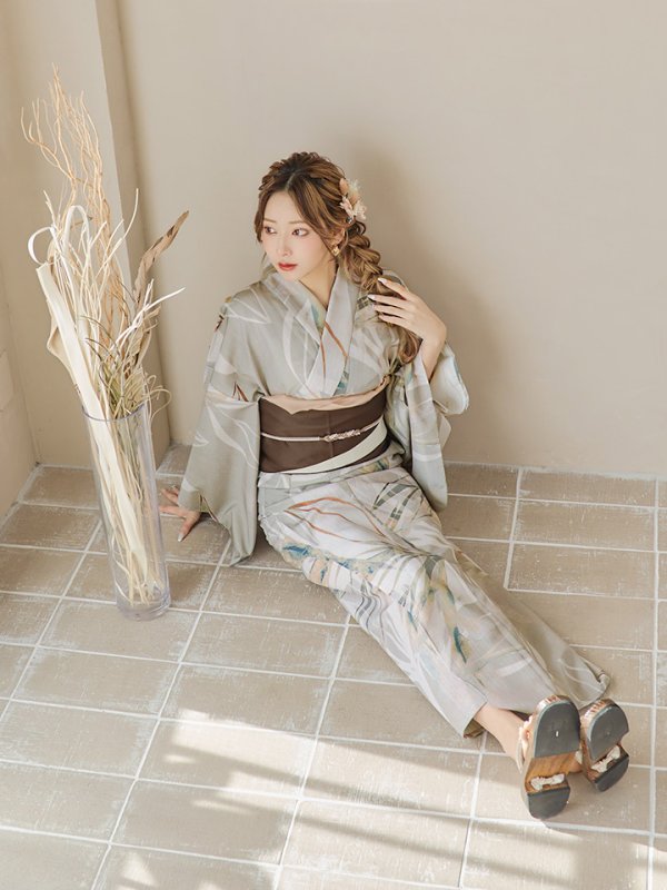 画像5: 【即日発送】【浴衣セール】ヘルシーリーフ柄ベージュ浴衣【浴衣３点セット 浴衣/帯/下駄】[YMT]