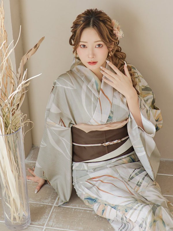 画像6: 【即日発送】【浴衣セール】ヘルシーリーフ柄ベージュ浴衣【浴衣３点セット 浴衣/帯/下駄】[YMT]