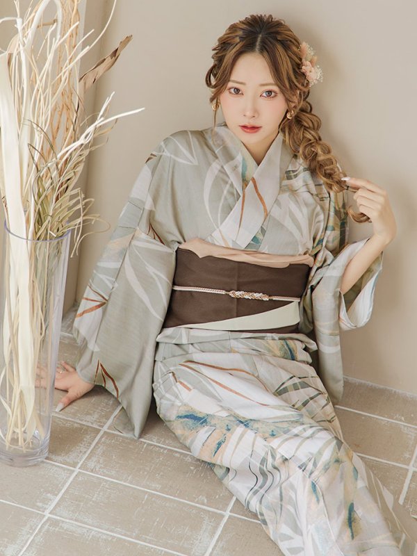 画像8: 【即日発送】【浴衣セール】ヘルシーリーフ柄ベージュ浴衣【浴衣３点セット 浴衣/帯/下駄】[YMT]
