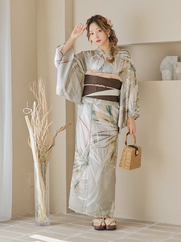 画像9: 【即日発送】【浴衣セール】ヘルシーリーフ柄ベージュ浴衣【浴衣３点セット 浴衣/帯/下駄】[YMT]